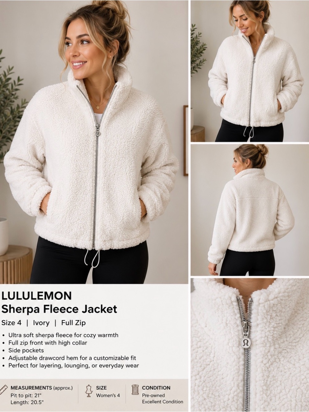 Lululemon Oh So Sherpa Full Zip Jacket Women’s Size 4 Ivory Cream Teddy Fleece